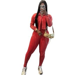 Chic Ribbed Jumpsuit with Cropped Jacket Set -Red